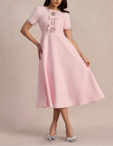 Short-sleeve A-line dress with embellished bows - Nutrodi
